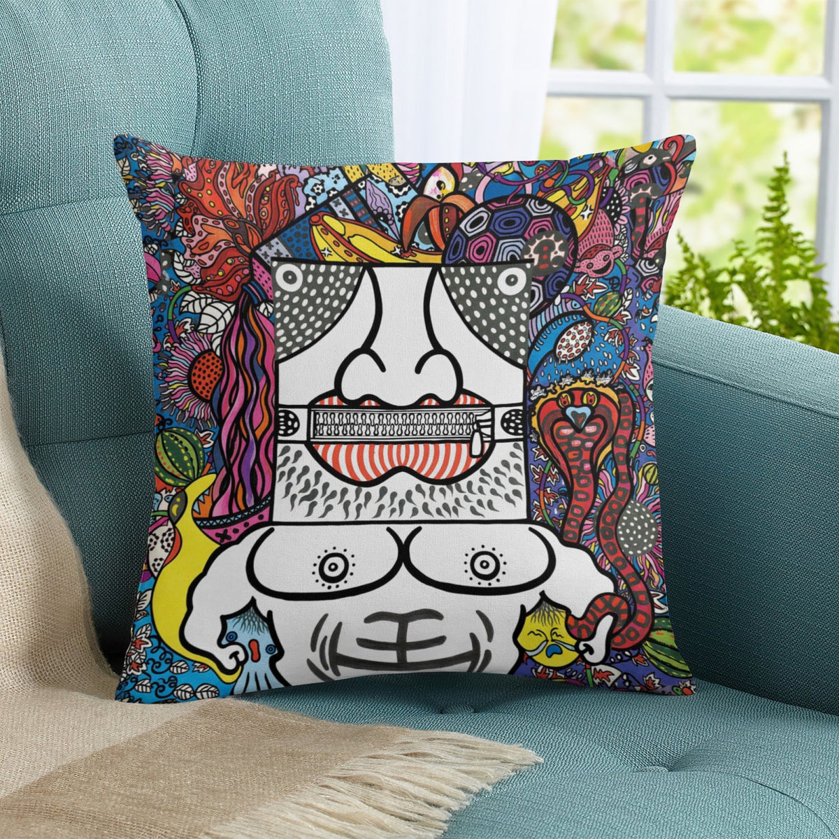 Black Zipper Mouth boho velvet throw pillow cover 18x18 - original artist designed print by Black Butterfly Art (view 8)