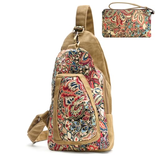 boho floral chest sling bag for women - original artist hand-drawn print - Black Butterfly Art (view 1)
