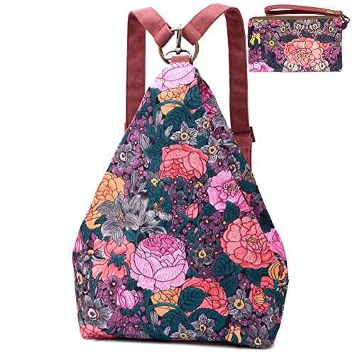 boho floral backpack for women - original artist hand-drawn print - Black Butterfly Art (view 5)