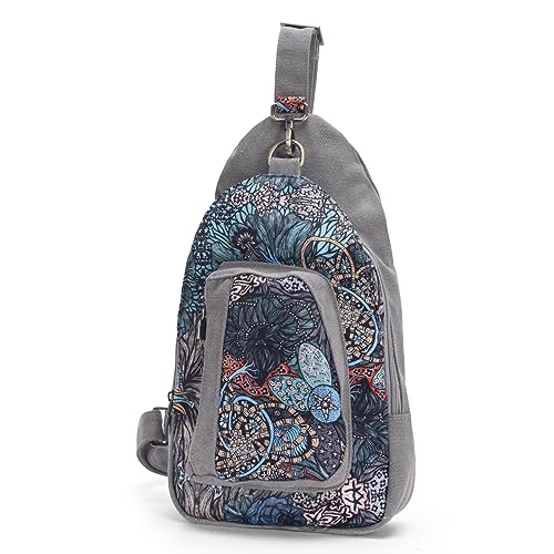 boho floral chest sling bag for women - original artist hand-drawn print - Black Butterfly Art (view 6)