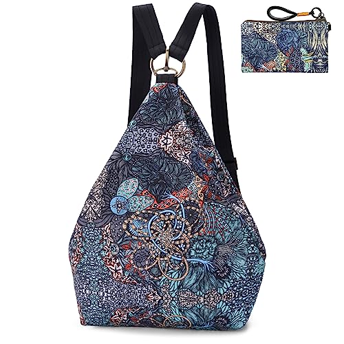 boho floral backpack for women - original artist hand-drawn print - Black Butterfly Art (view 3)