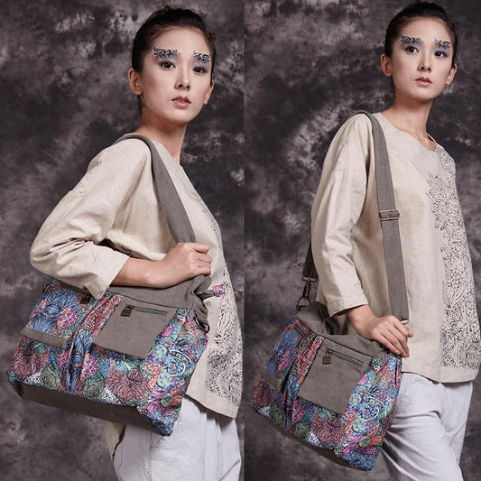 Boho Canvas Tote Bag for Women, Floral Lightweight Vintage Shoulder Bag - boho bag by Black Butterfly Art