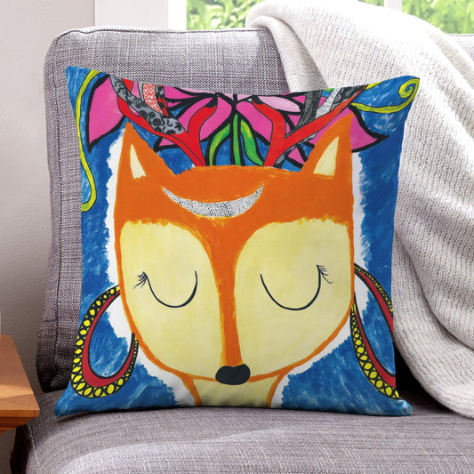 Orange Floral Fox boho velvet throw pillow cover 18x18 - original artist designed print by Black Butterfly Art (view 1)