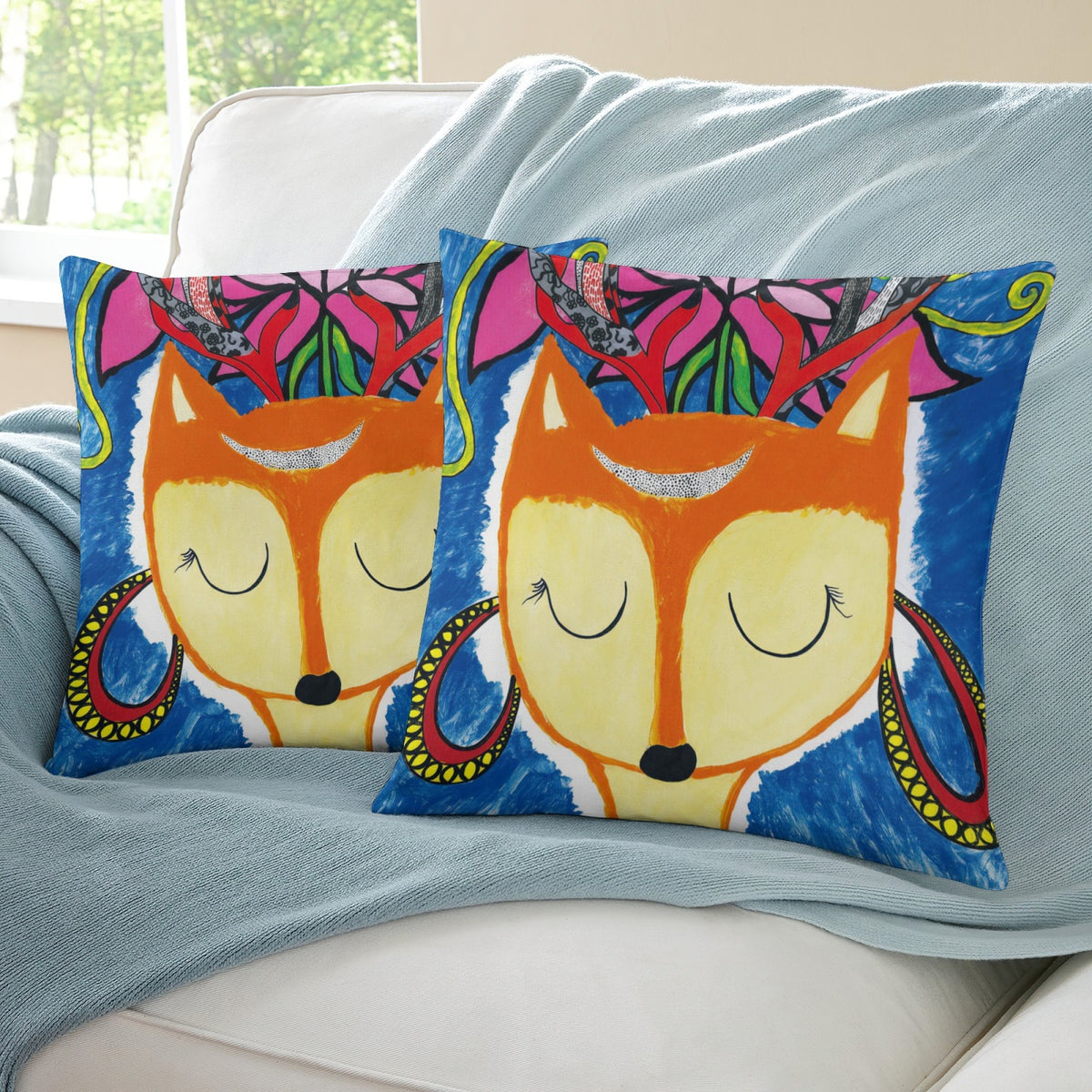 Orange Floral Fox boho velvet throw pillow cover 18x18 - original artist designed print by Black Butterfly Art (view 5)