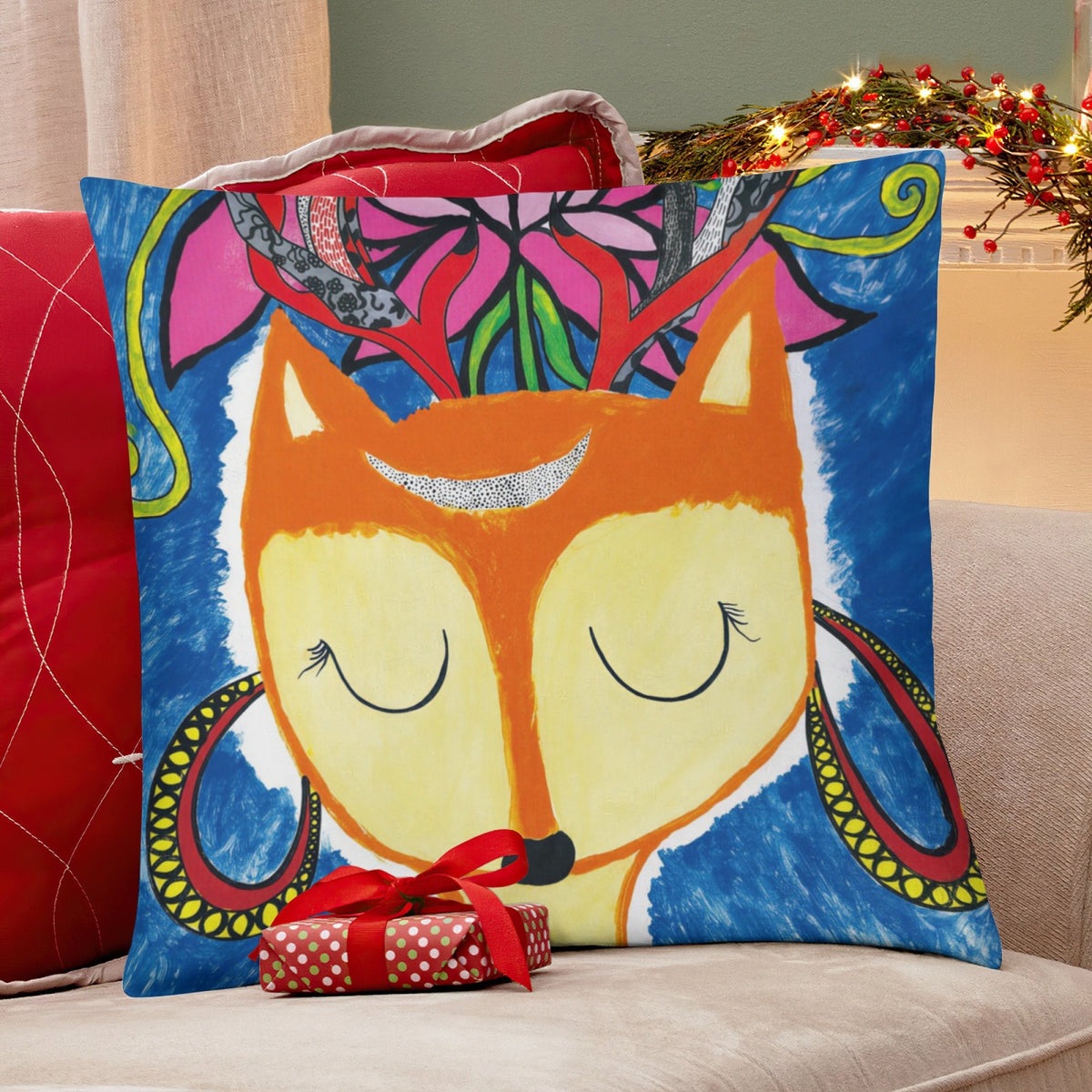 Orange Floral Fox boho velvet throw pillow cover 18x18 - original artist designed print by Black Butterfly Art (view 6)