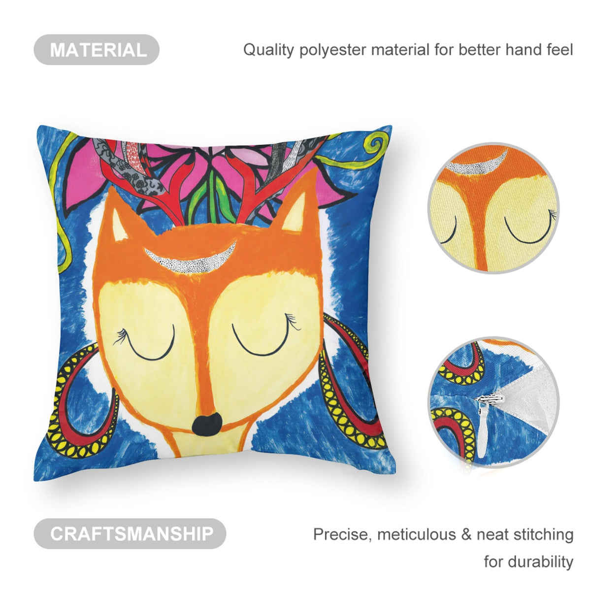 Orange Floral Fox boho velvet throw pillow cover 18x18 - original artist designed print by Black Butterfly Art (view 3)