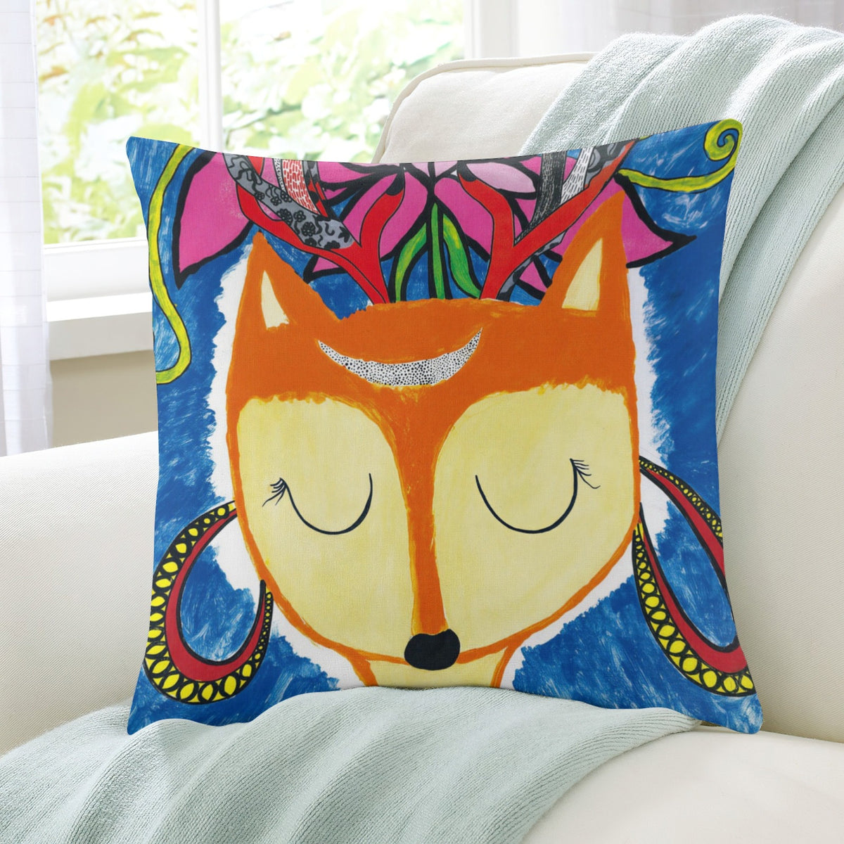 Orange Floral Fox boho velvet throw pillow cover 18x18 - original artist designed print by Black Butterfly Art (view 7)