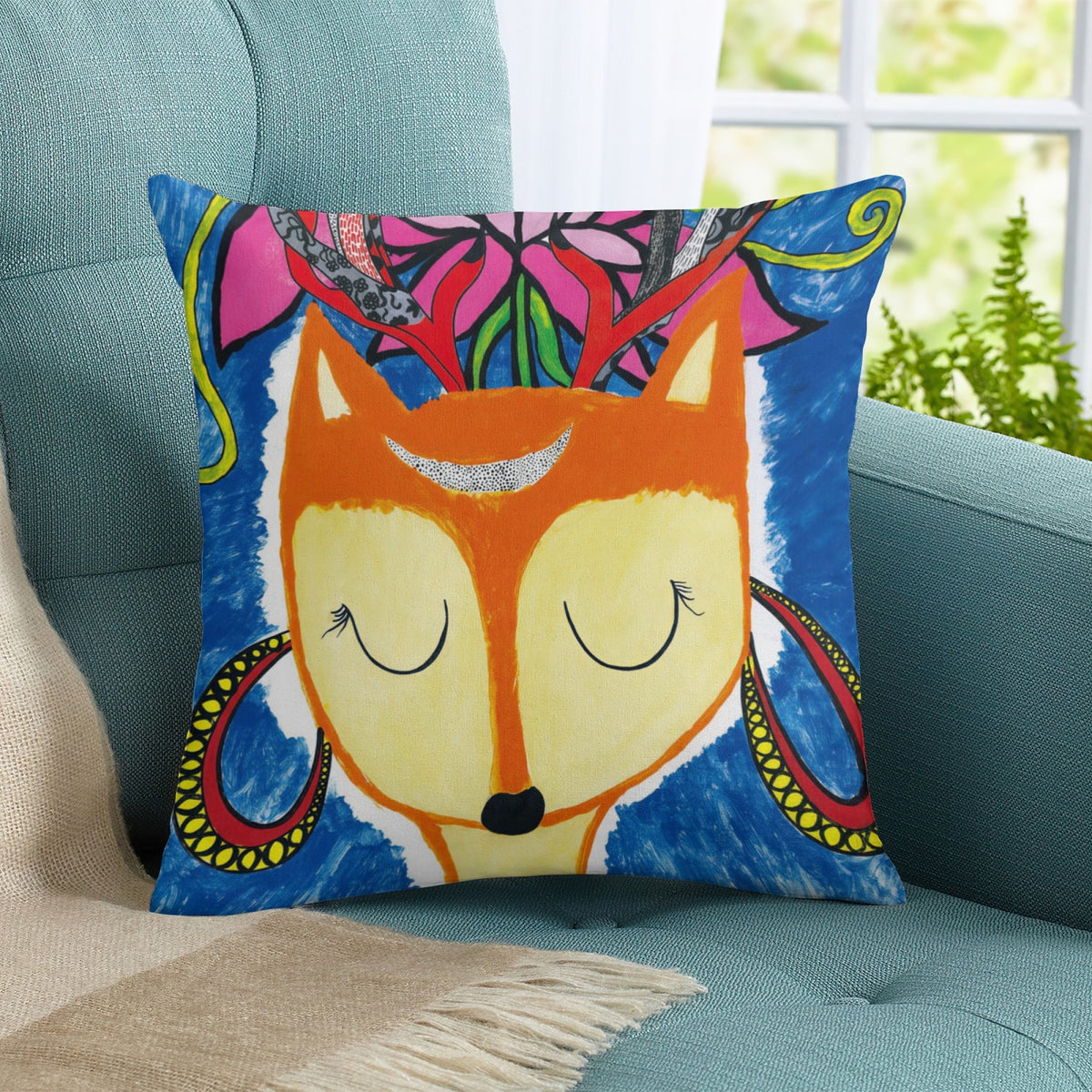 Orange Floral Fox boho velvet throw pillow cover 18x18 - original artist designed print by Black Butterfly Art (view 8)