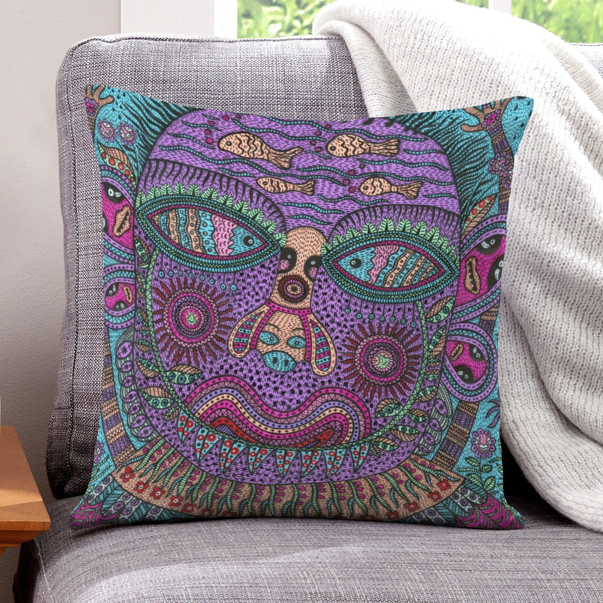 Purple Kaleido Face boho velvet throw pillow cover 18x18 - original artist designed print by Black Butterfly Art (view 1)