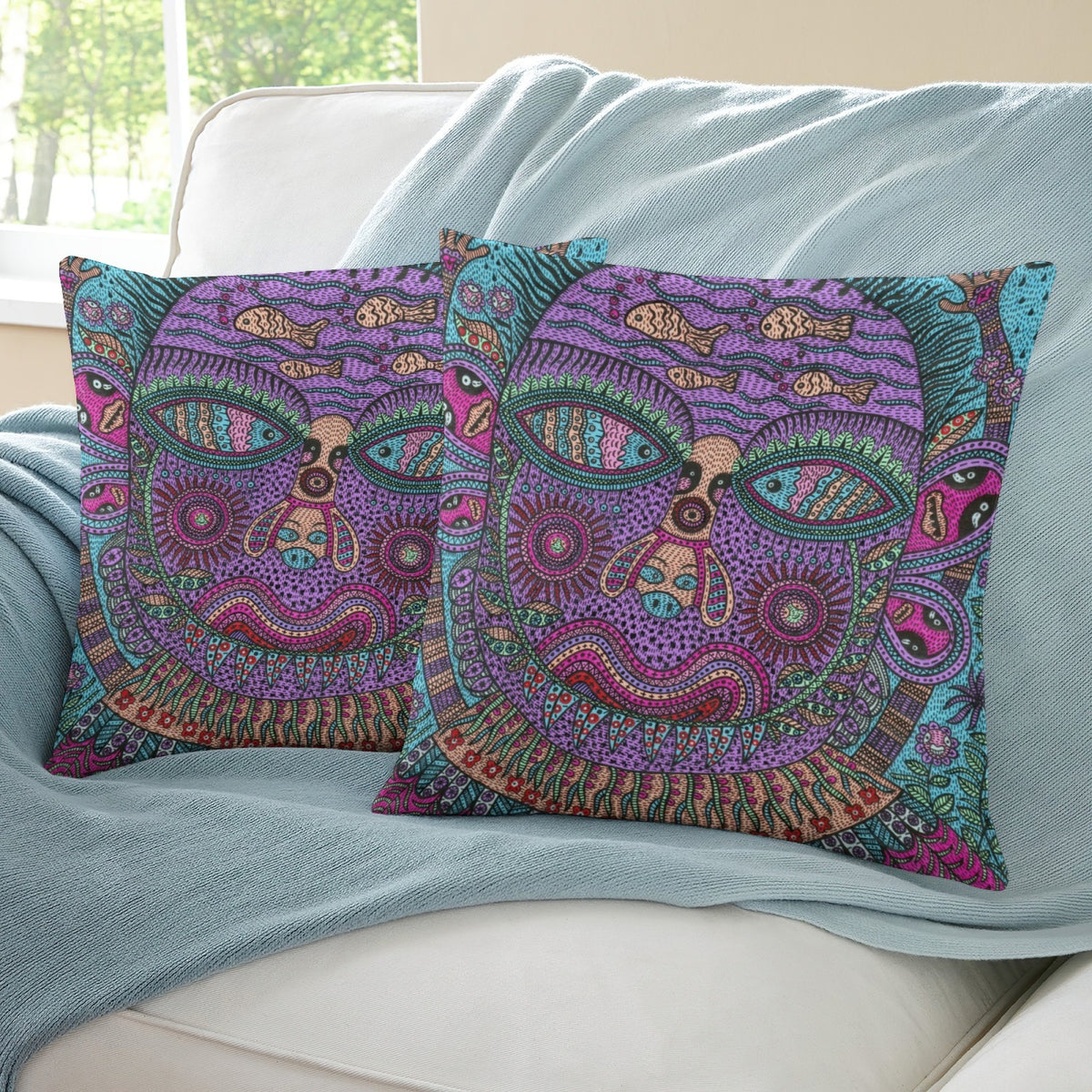 Purple Kaleido Face boho velvet throw pillow cover 18x18 - original artist designed print by Black Butterfly Art (view 5)
