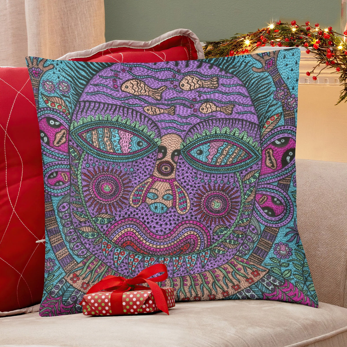 Purple Kaleido Face boho velvet throw pillow cover 18x18 - original artist designed print by Black Butterfly Art (view 6)