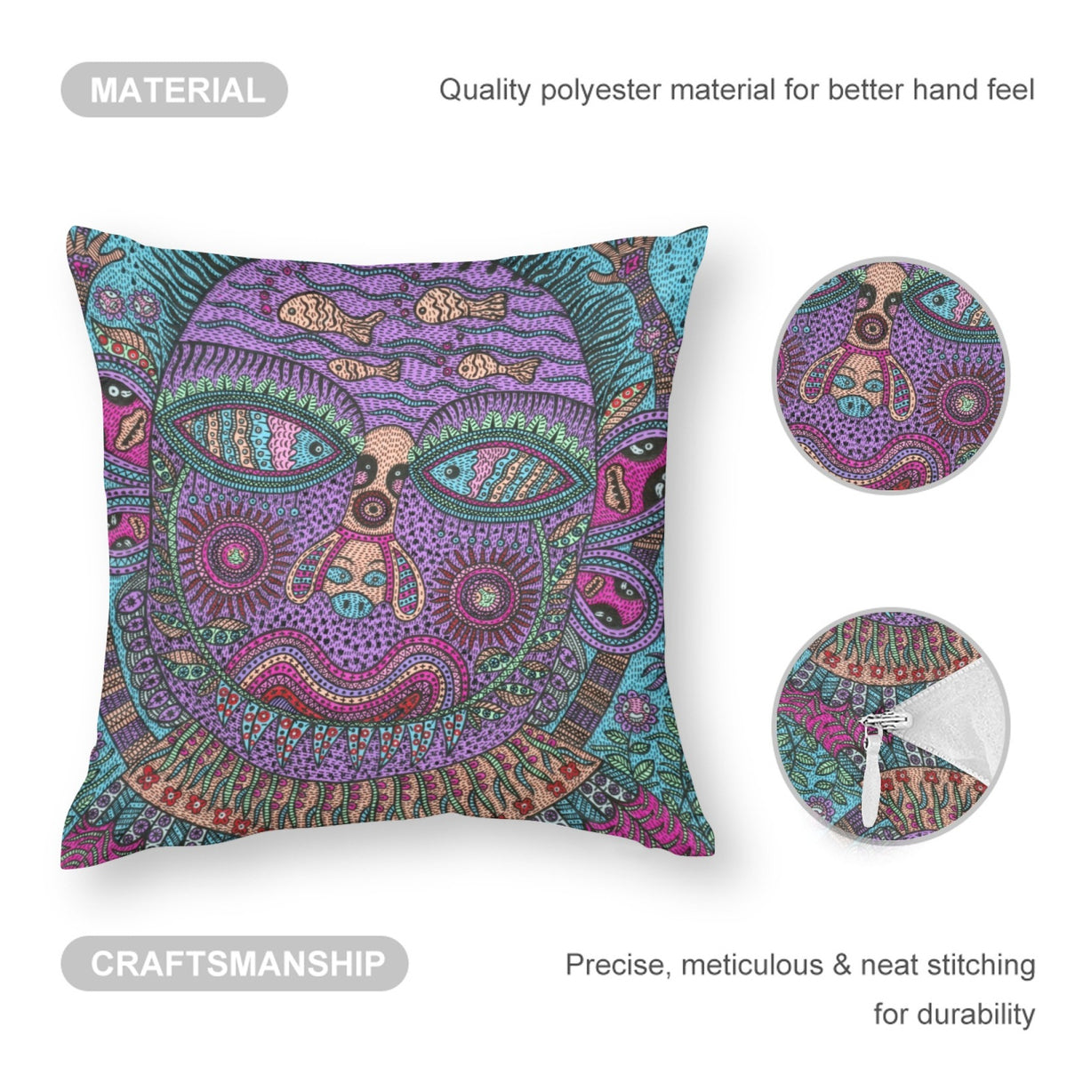 Purple Kaleido Face boho velvet throw pillow cover 18x18 - original artist designed print by Black Butterfly Art (view 3)