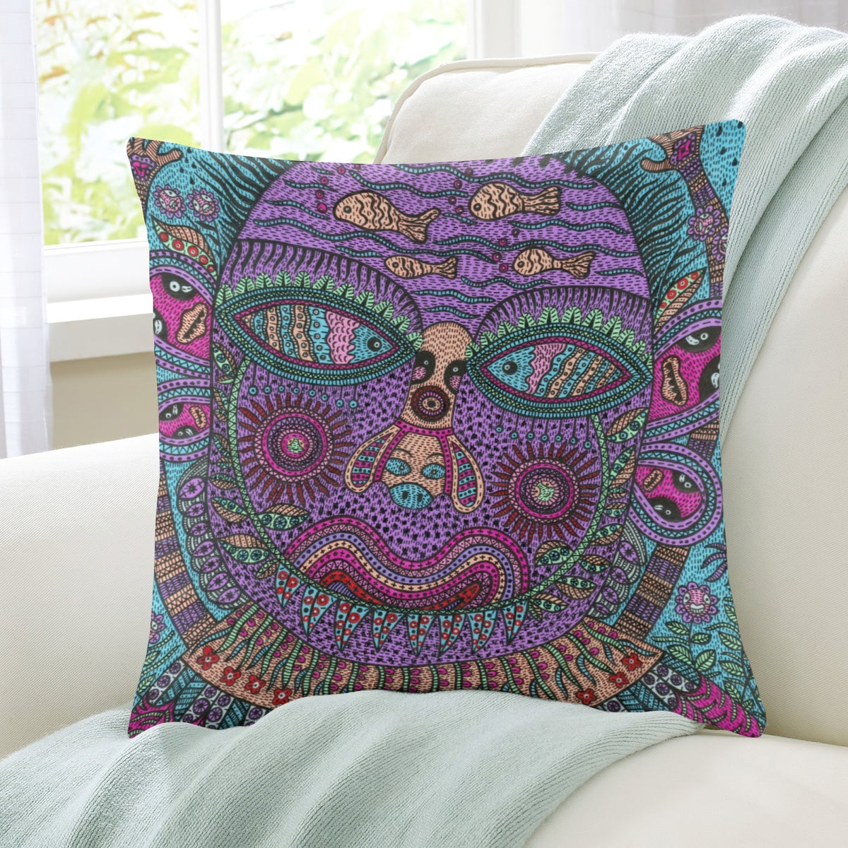 Purple Kaleido Face boho velvet throw pillow cover 18x18 - original artist designed print by Black Butterfly Art (view 7)