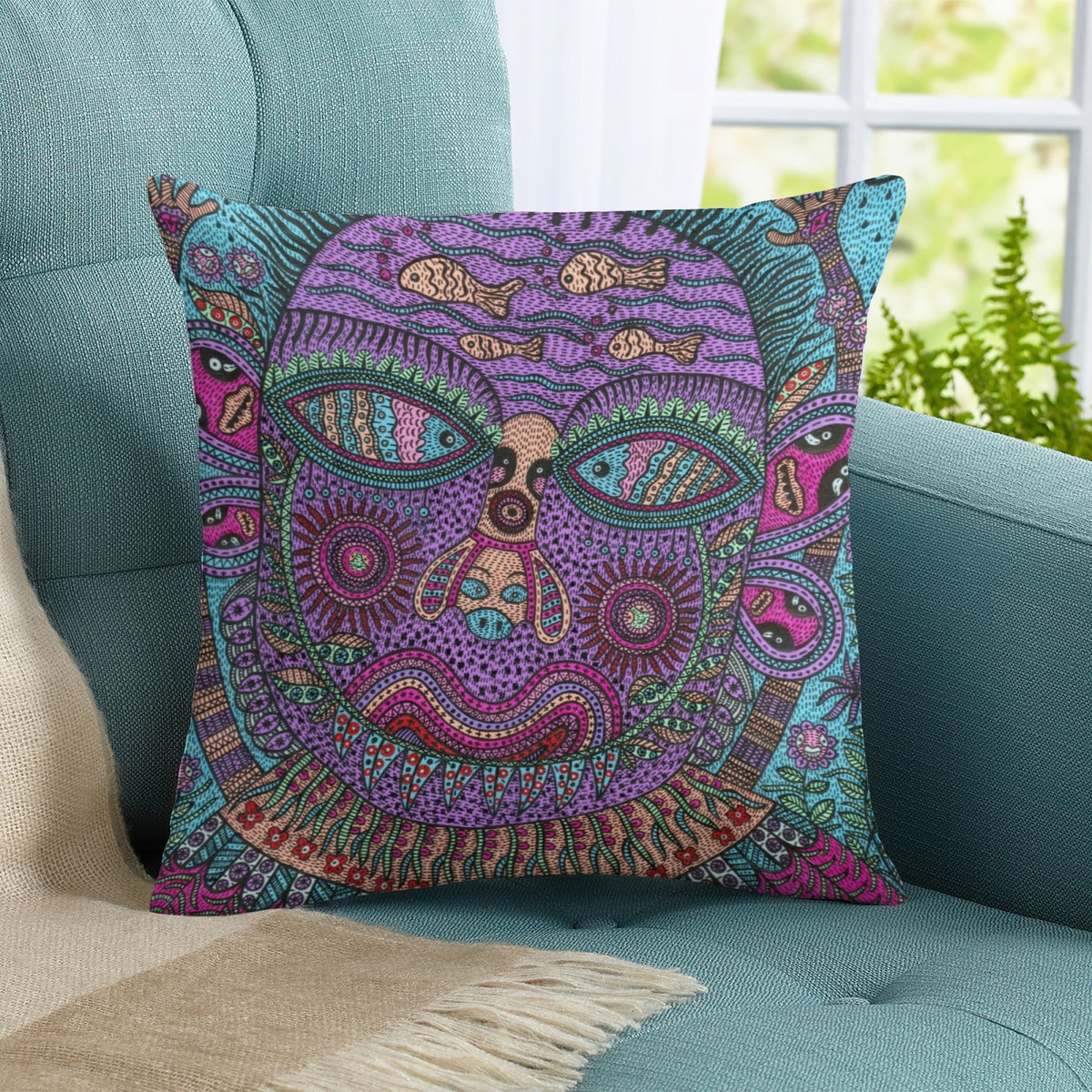 Purple Kaleido Face boho velvet throw pillow cover 18x18 - original artist designed print by Black Butterfly Art (view 8)