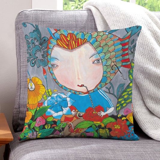 Green Blossom Fish Girl boho velvet throw pillow cover 18x18 - original artist designed print by Black Butterfly Art (view 1)