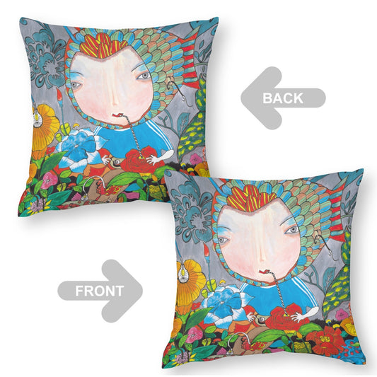 Green Blossom Fish Girl boho velvet throw pillow cover 18x18 - original artist designed print by Black Butterfly Art (view 2)