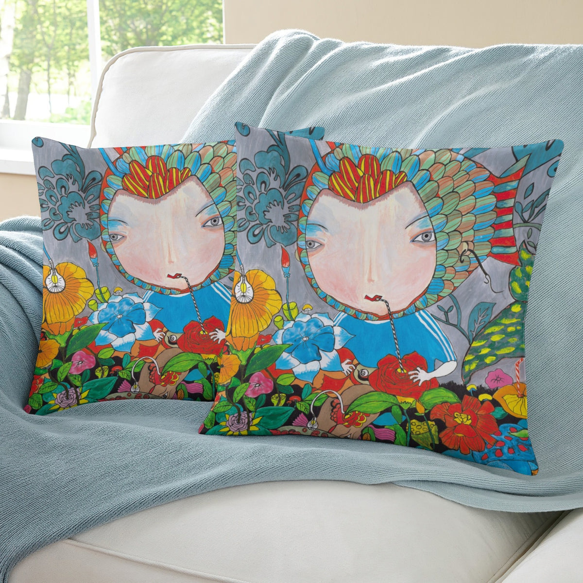 Green Blossom Fish Girl boho velvet throw pillow cover 18x18 - original artist designed print by Black Butterfly Art (view 5)