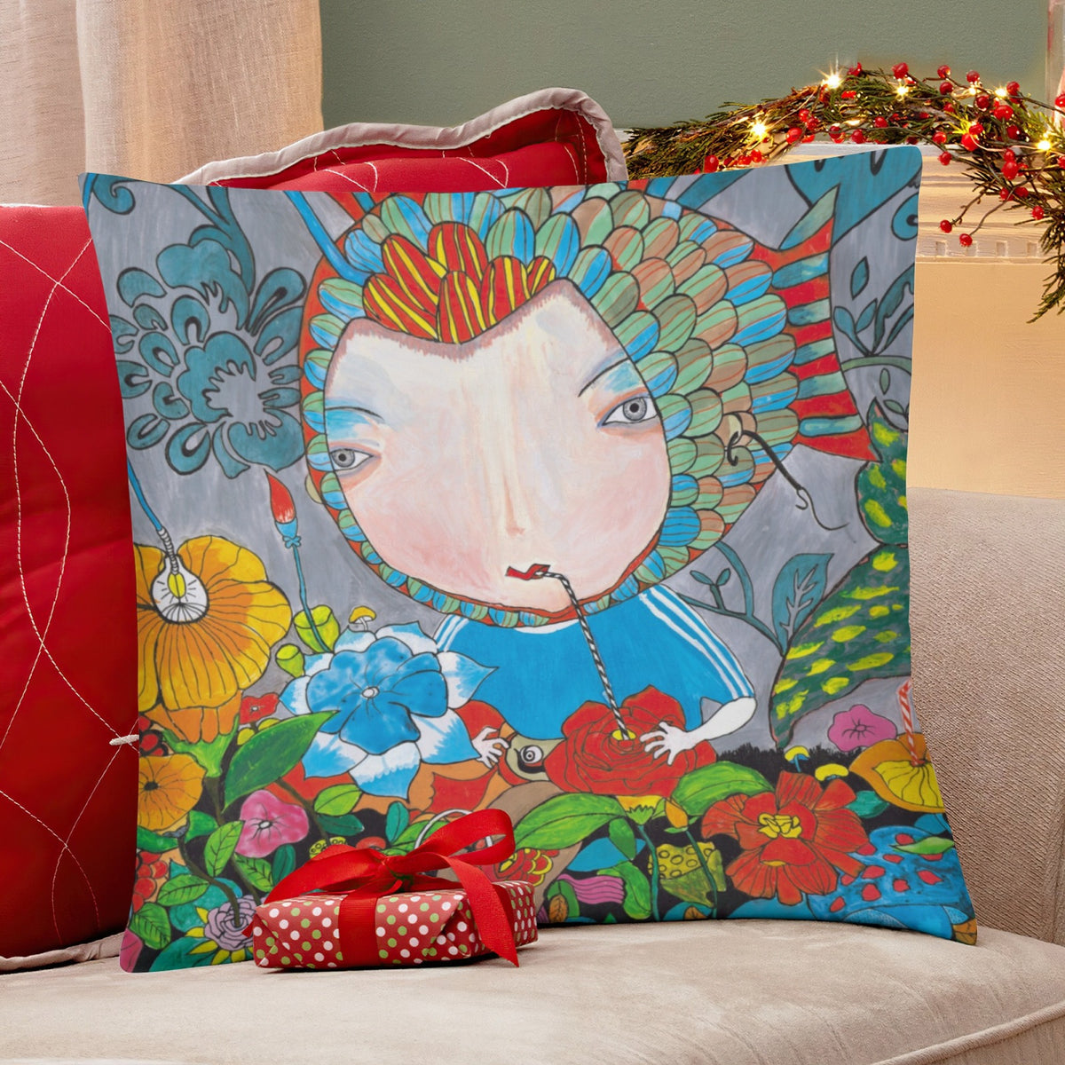 Green Blossom Fish Girl boho velvet throw pillow cover 18x18 - original artist designed print by Black Butterfly Art (view 6)