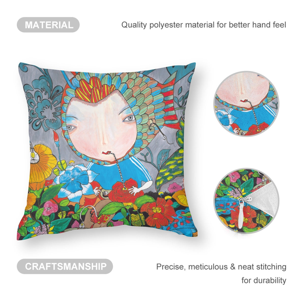 Green Blossom Fish Girl boho velvet throw pillow cover 18x18 - original artist designed print by Black Butterfly Art (view 3)