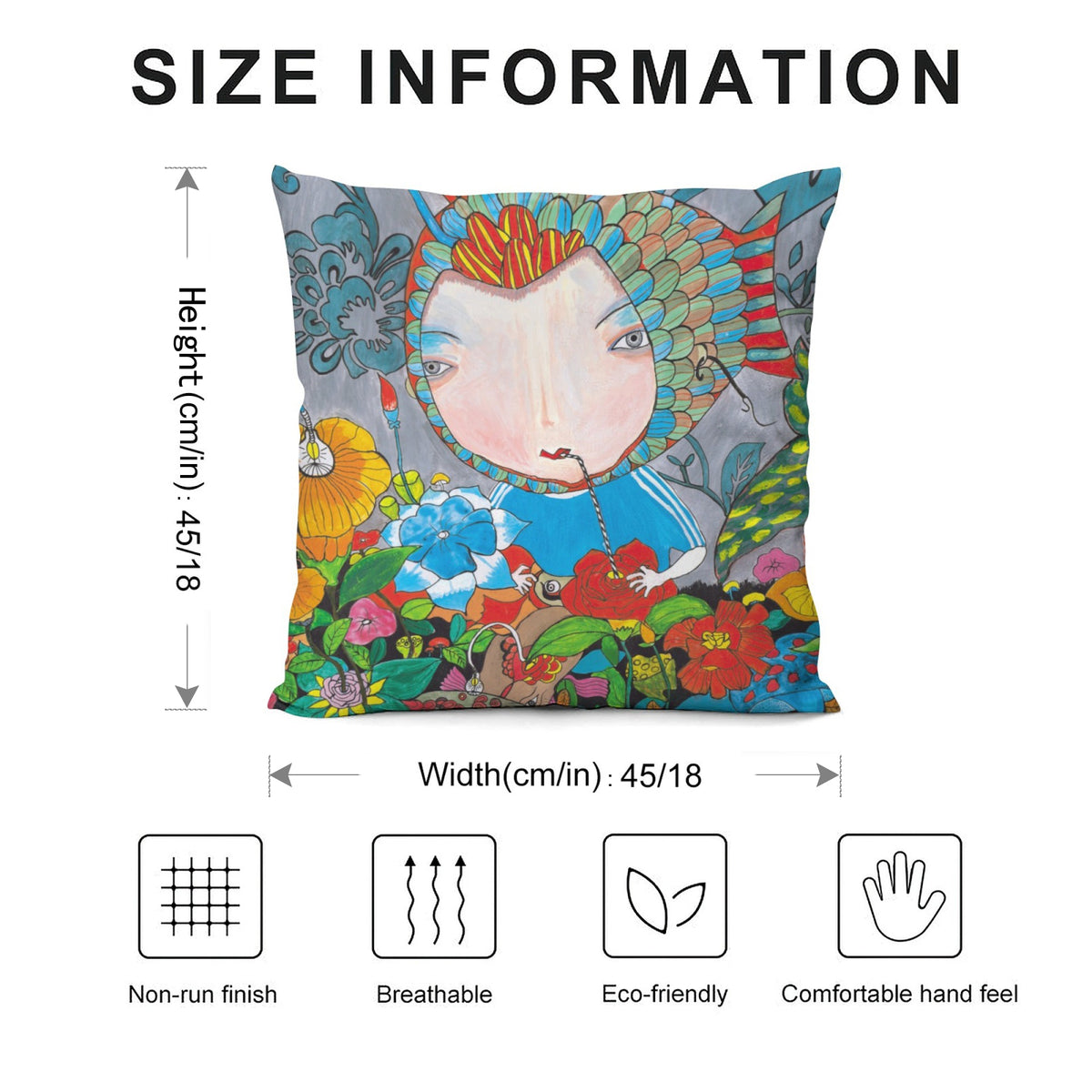 Green Blossom Fish Girl boho velvet throw pillow cover 18x18 - original artist designed print by Black Butterfly Art (view 4)