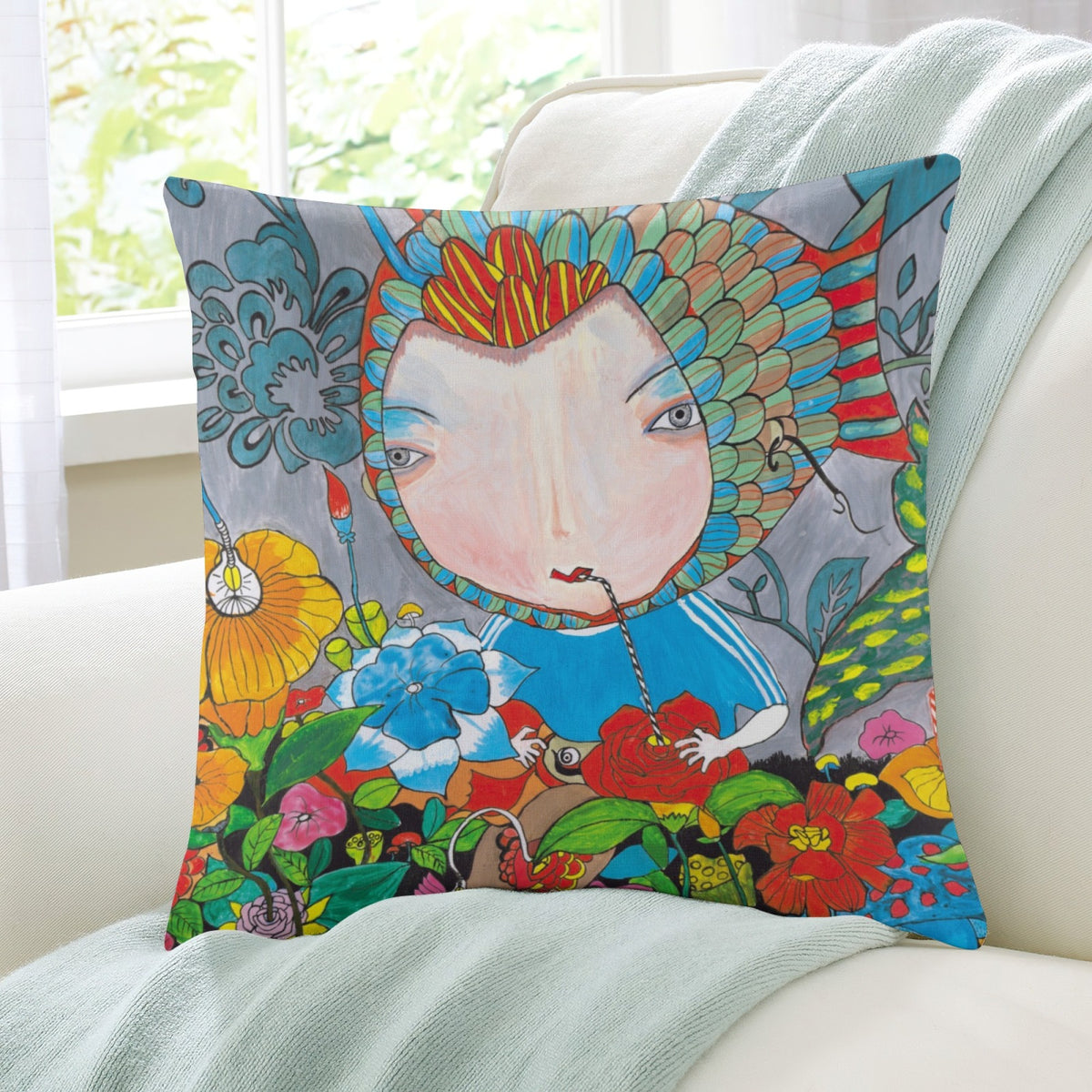 Green Blossom Fish Girl boho velvet throw pillow cover 18x18 - original artist designed print by Black Butterfly Art (view 7)