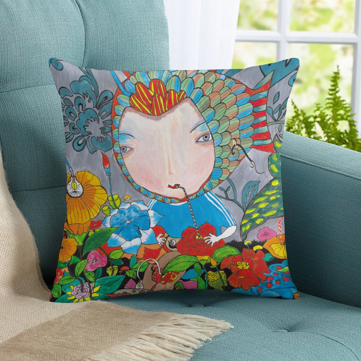 Green Blossom Fish Girl boho velvet throw pillow cover 18x18 - original artist designed print by Black Butterfly Art (view 8)