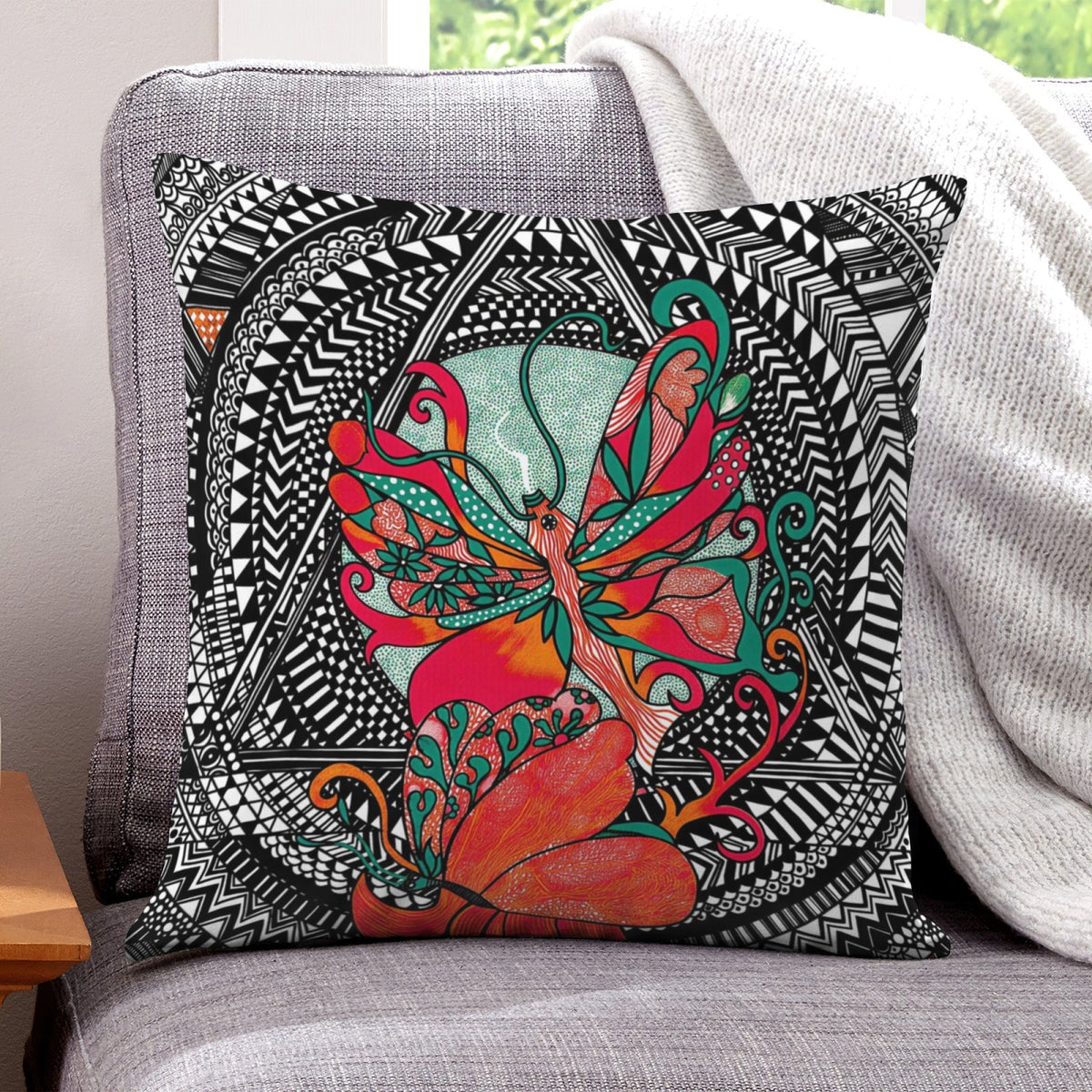 Teal Mandala Butterfly boho velvet throw pillow cover 18x18 - original artist designed print by Black Butterfly Art (view 1)