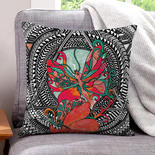 Teal Mandala Butterfly boho velvet throw pillow cover 18x18 - original artist designed print by Black Butterfly Art (view 1)