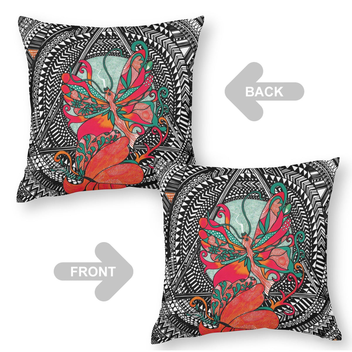 Teal Mandala Butterfly boho velvet throw pillow cover 18x18 - original artist designed print by Black Butterfly Art (view 2)