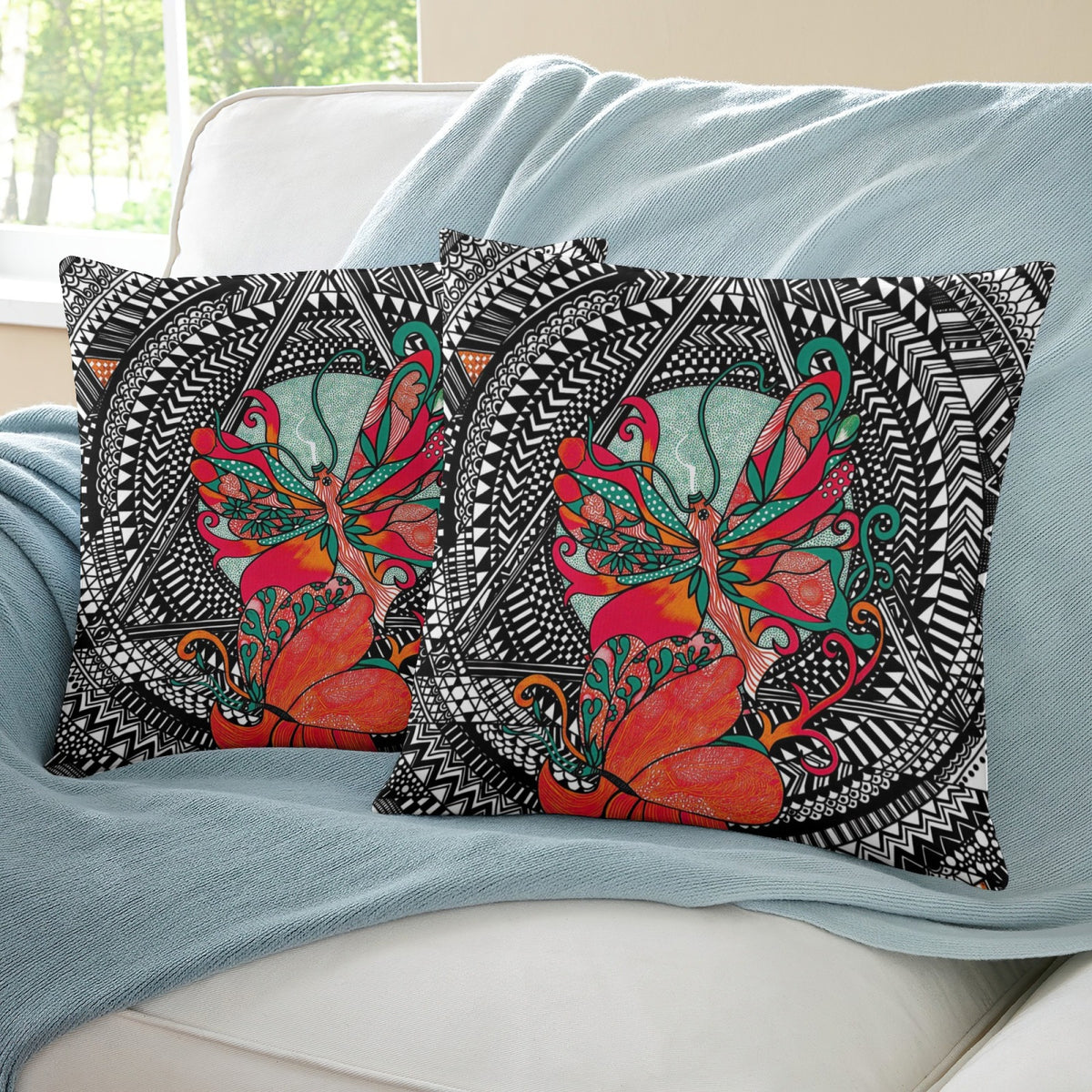 Teal Mandala Butterfly boho velvet throw pillow cover 18x18 - original artist designed print by Black Butterfly Art (view 5)