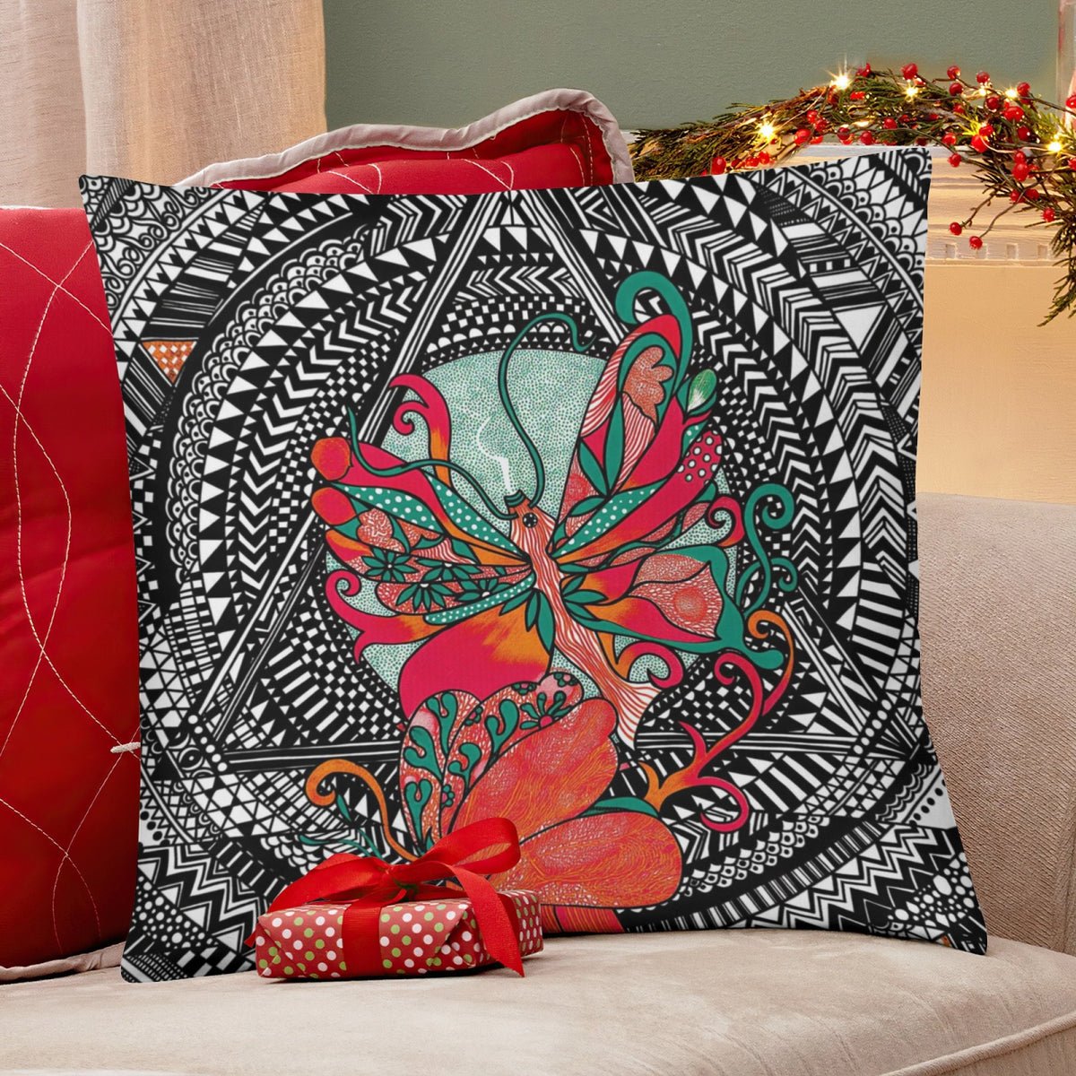 Teal Mandala Butterfly boho velvet throw pillow cover 18x18 - original artist designed print by Black Butterfly Art (view 6)