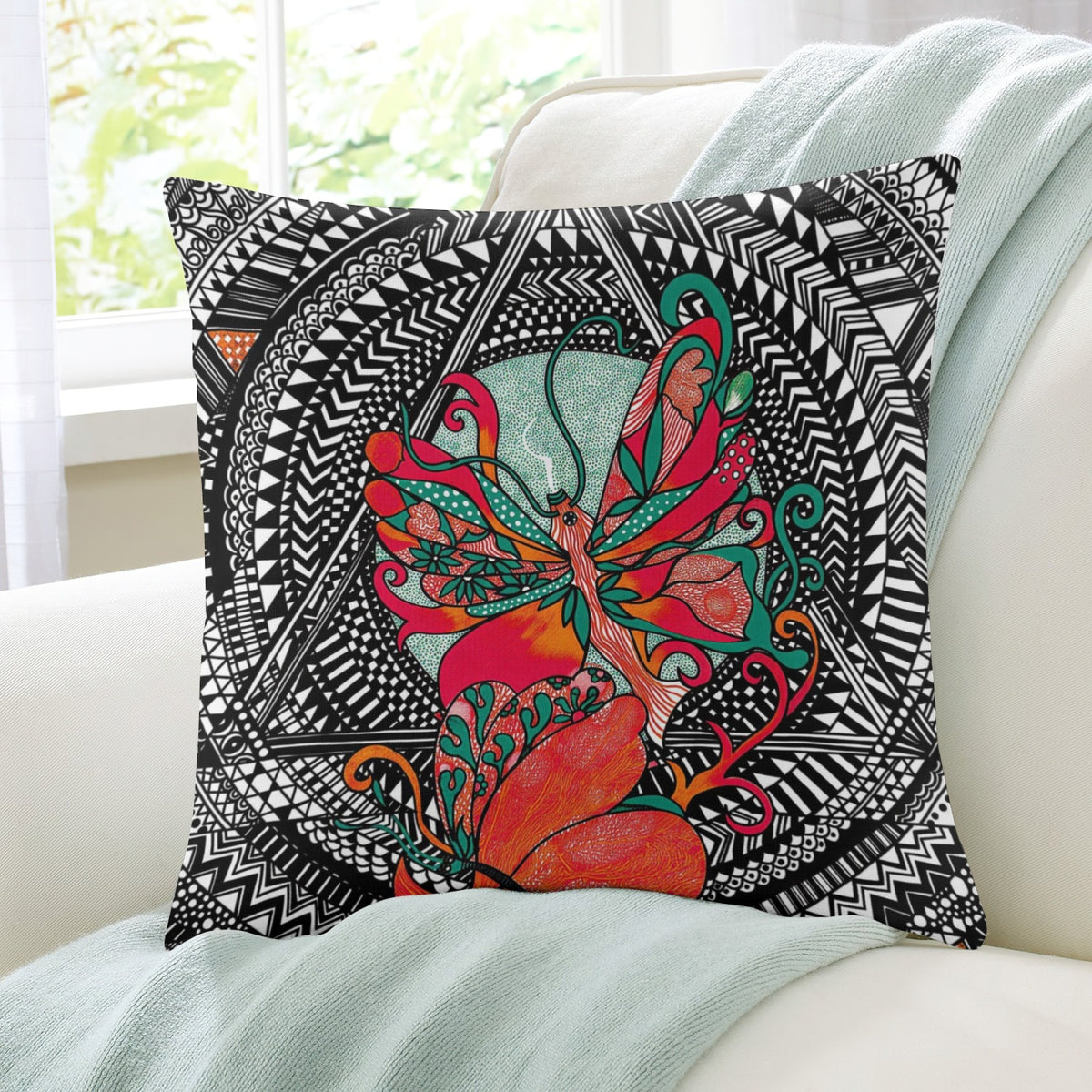 Teal Mandala Butterfly boho velvet throw pillow cover 18x18 - original artist designed print by Black Butterfly Art (view 7)