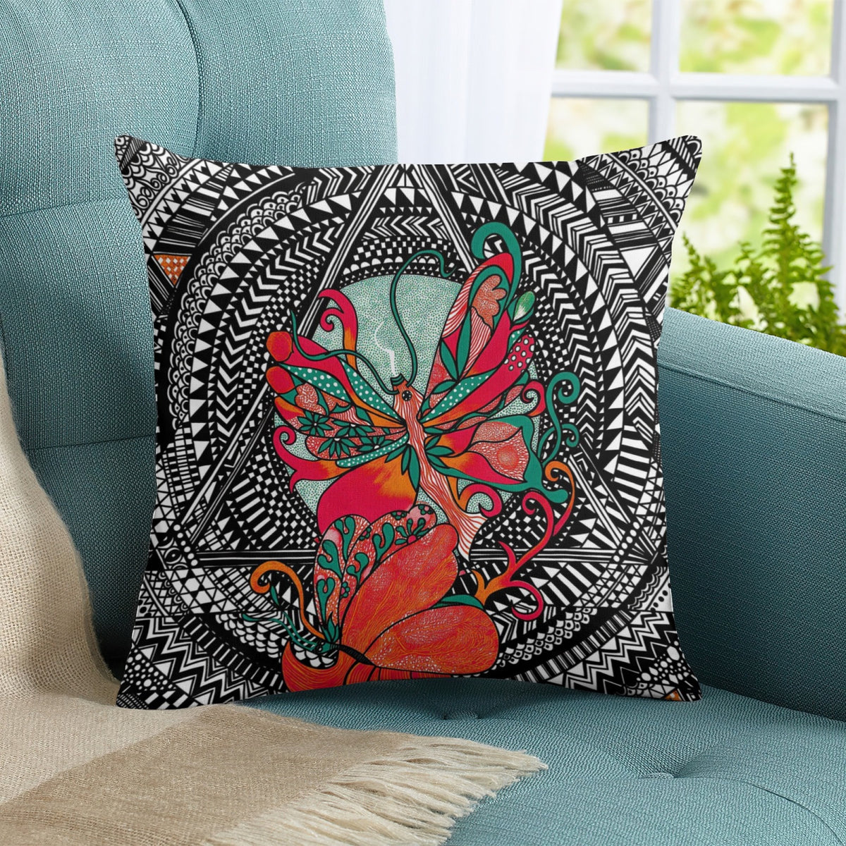 Teal Mandala Butterfly boho velvet throw pillow cover 18x18 - original artist designed print by Black Butterfly Art (view 8)