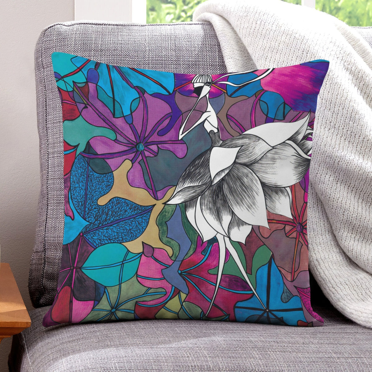 Red Lotus Skirt Dancer boho velvet throw pillow cover 18x18 - original artist designed print by Black Butterfly Art (view 1)