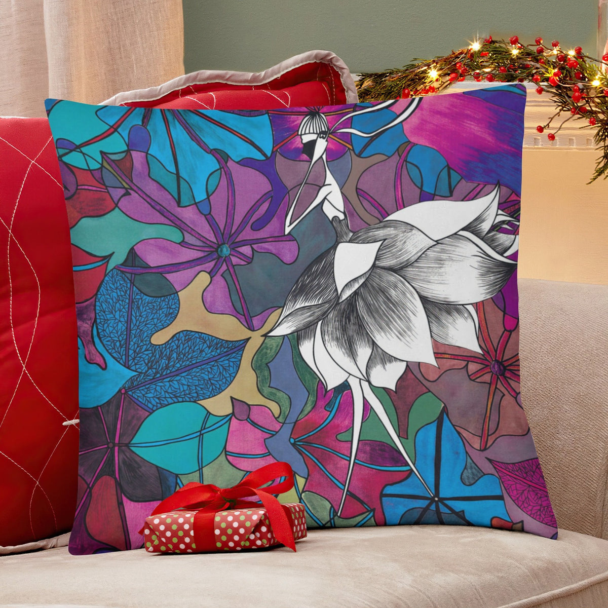 Red Lotus Skirt Dancer boho velvet throw pillow cover 18x18 - original artist designed print by Black Butterfly Art (view 4)