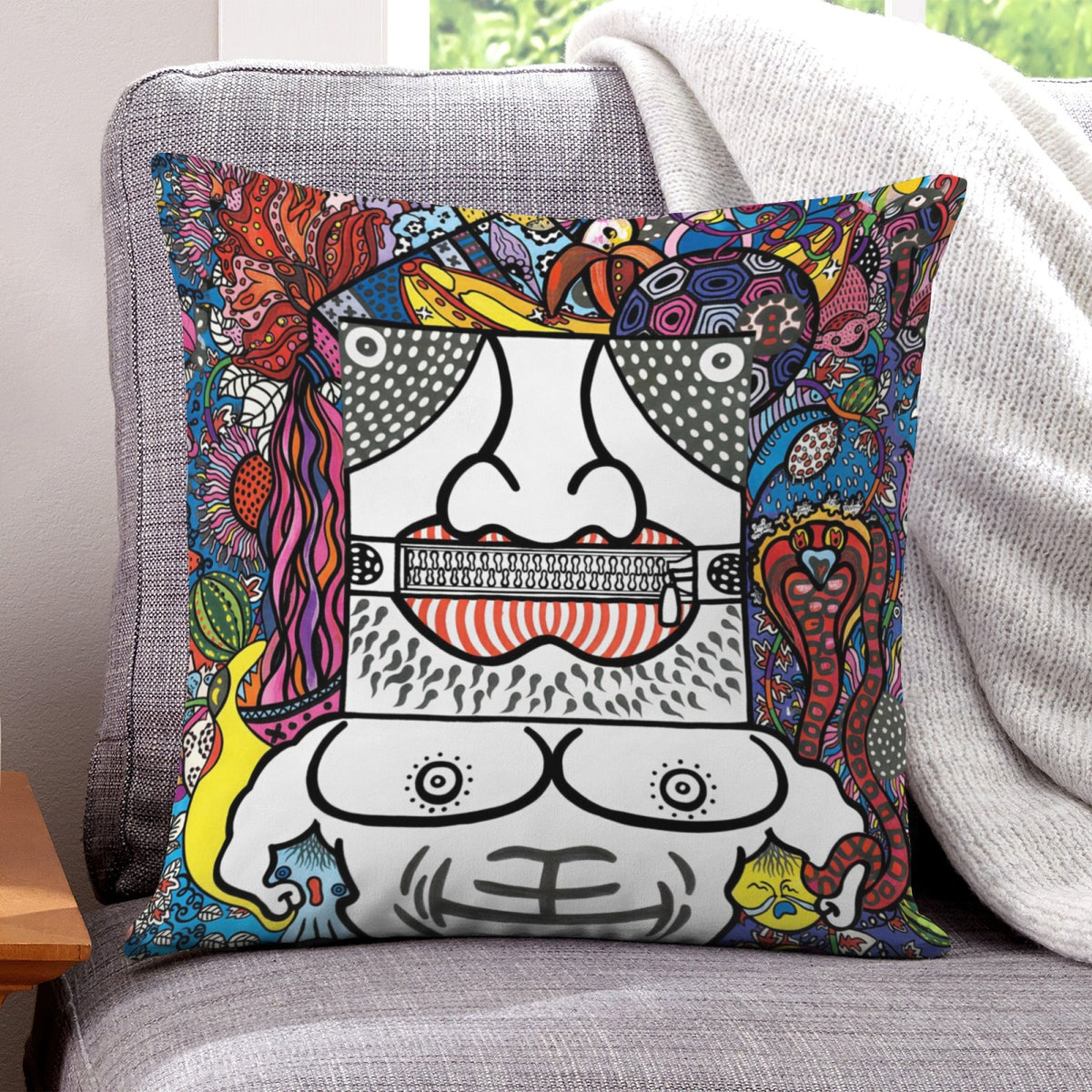 Black Zipper Mouth boho velvet throw pillow cover 18x18 - original artist designed print by Black Butterfly Art (view 1)