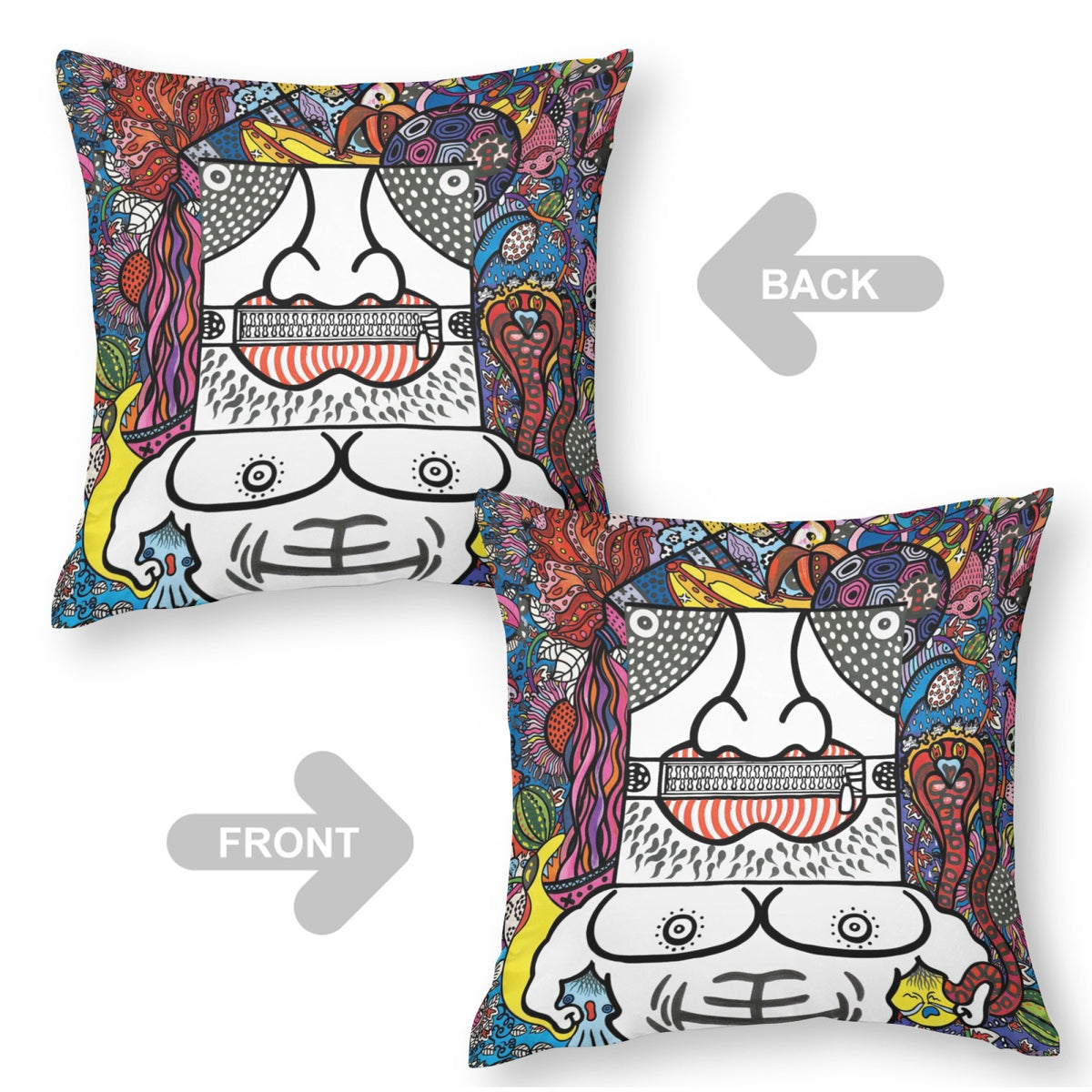 Black Zipper Mouth boho velvet throw pillow cover 18x18 - original artist designed print by Black Butterfly Art (view 2)