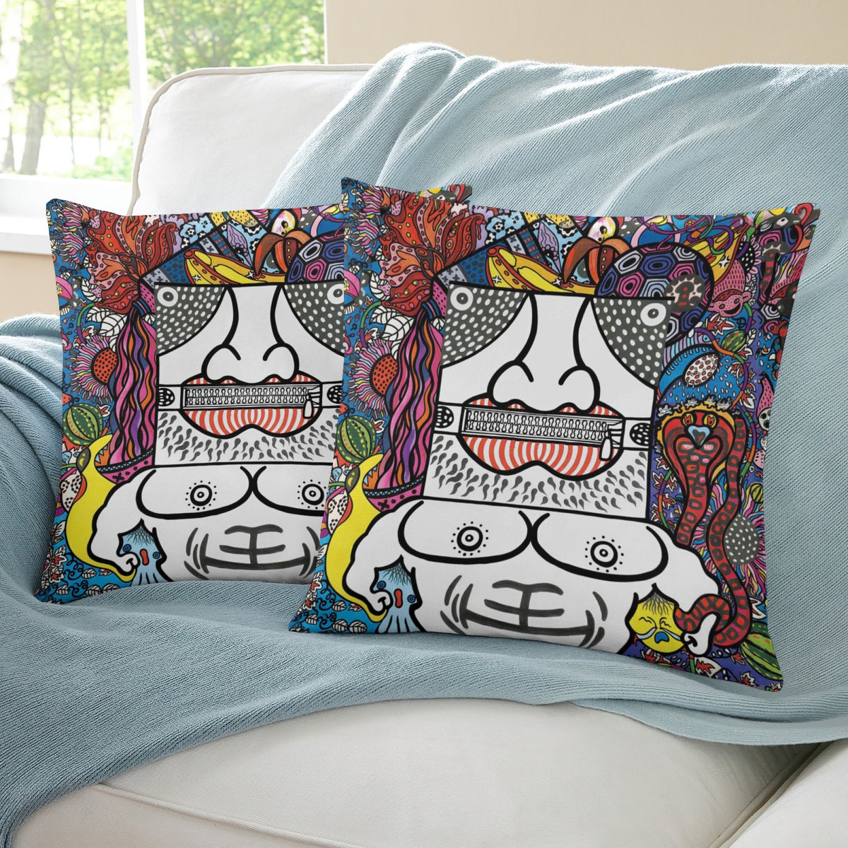 Black Zipper Mouth boho velvet throw pillow cover 18x18 - original artist designed print by Black Butterfly Art (view 5)