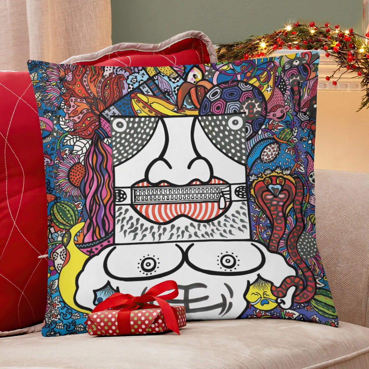 Black Zipper Mouth boho velvet throw pillow cover 18x18 - original artist designed print by Black Butterfly Art (view 6)