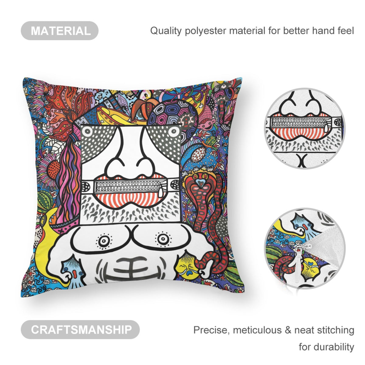 Black Zipper Mouth boho velvet throw pillow cover 18x18 - original artist designed print by Black Butterfly Art (view 3)