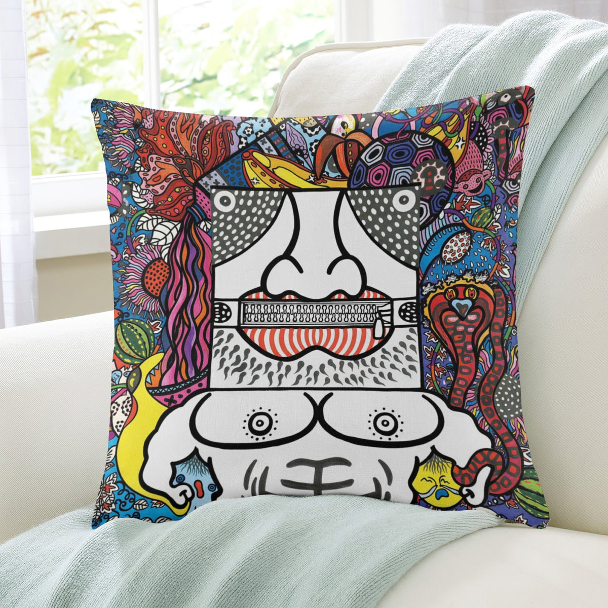 Black Zipper Mouth boho velvet throw pillow cover 18x18 - original artist designed print by Black Butterfly Art (view 7)