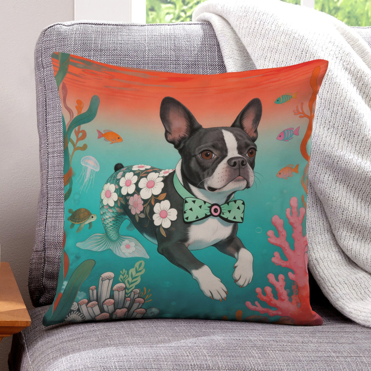 Blue Mermaid Pup boho velvet throw pillow cover 18x18 - original artist designed print by Black Butterfly Art (view 1)