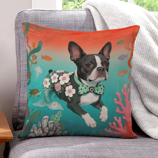 Blue Mermaid Pup boho velvet throw pillow cover 18x18 - original artist designed print by Black Butterfly Art (view 1)