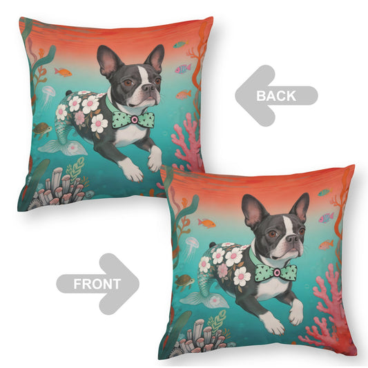 Blue Mermaid Pup boho velvet throw pillow cover 18x18 - original artist designed print by Black Butterfly Art (view 2)