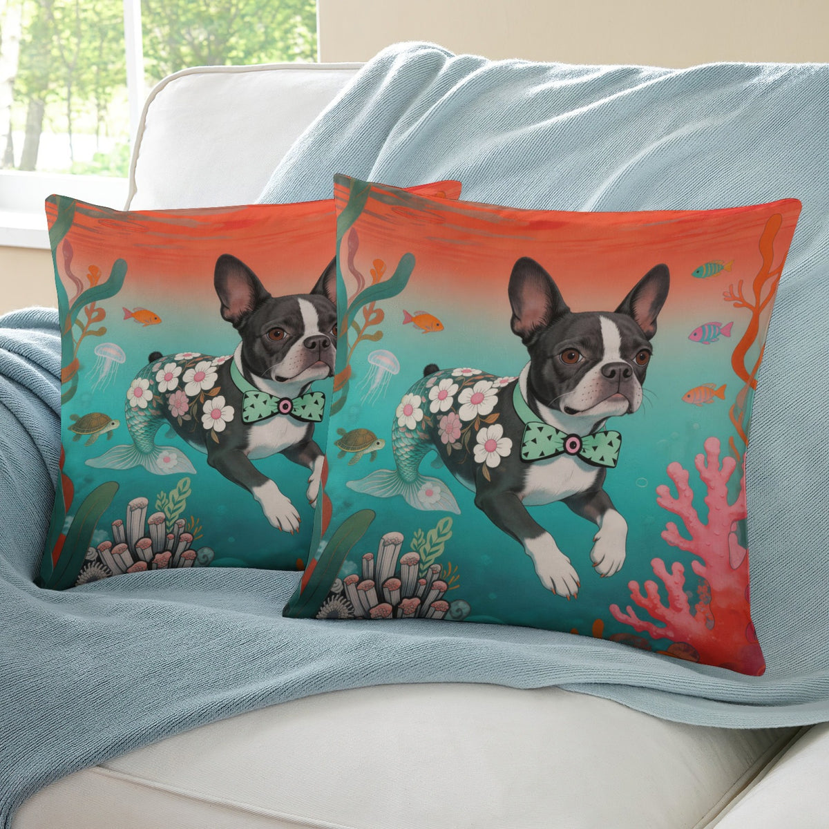 Blue Mermaid Pup boho velvet throw pillow cover 18x18 - original artist designed print by Black Butterfly Art (view 5)