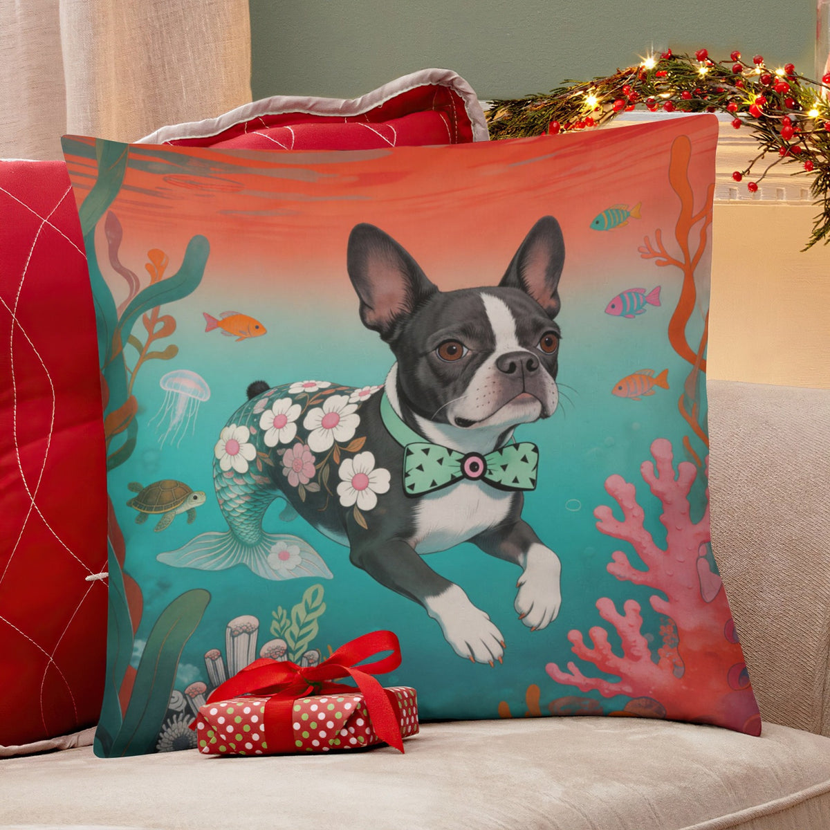 Blue Mermaid Pup boho velvet throw pillow cover 18x18 - original artist designed print by Black Butterfly Art (view 6)