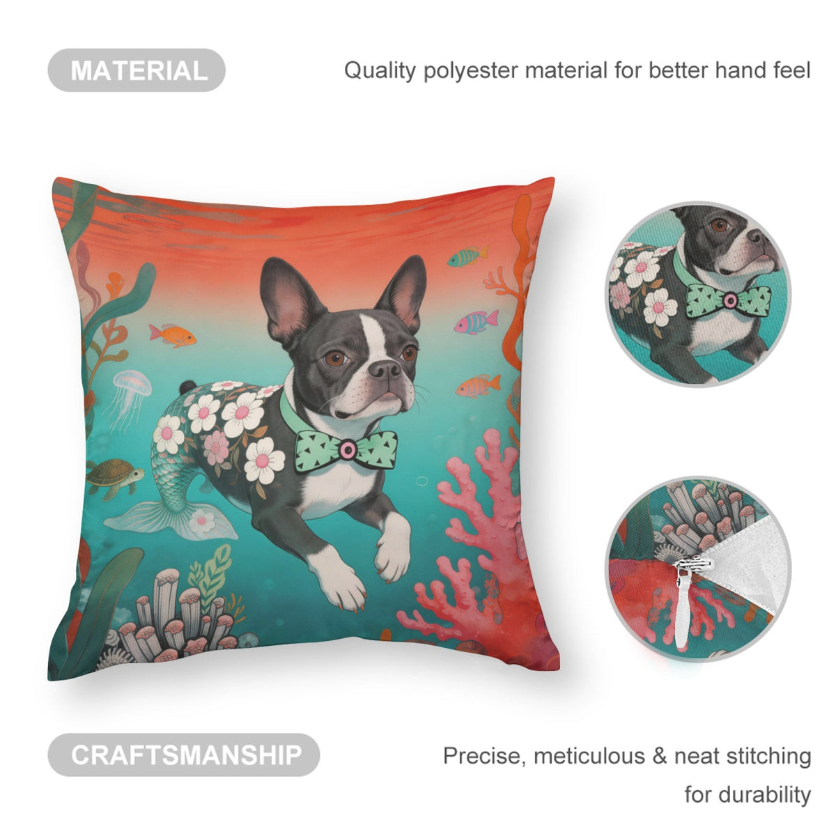 Blue Mermaid Pup boho velvet throw pillow cover 18x18 - original artist designed print by Black Butterfly Art (view 3)