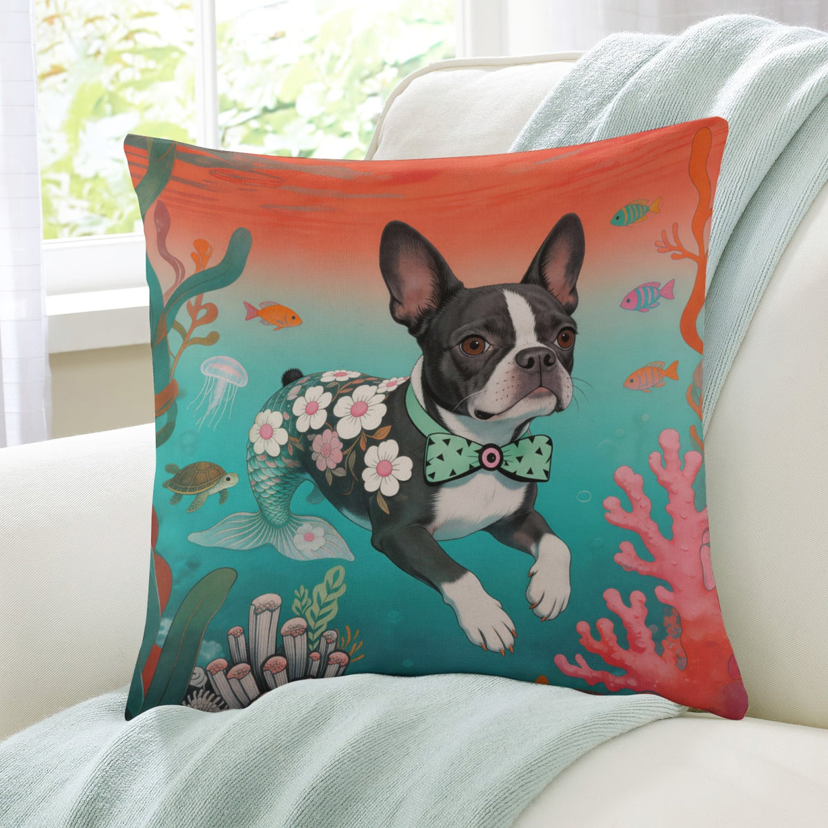 Blue Mermaid Pup boho velvet throw pillow cover 18x18 - original artist designed print by Black Butterfly Art (view 7)