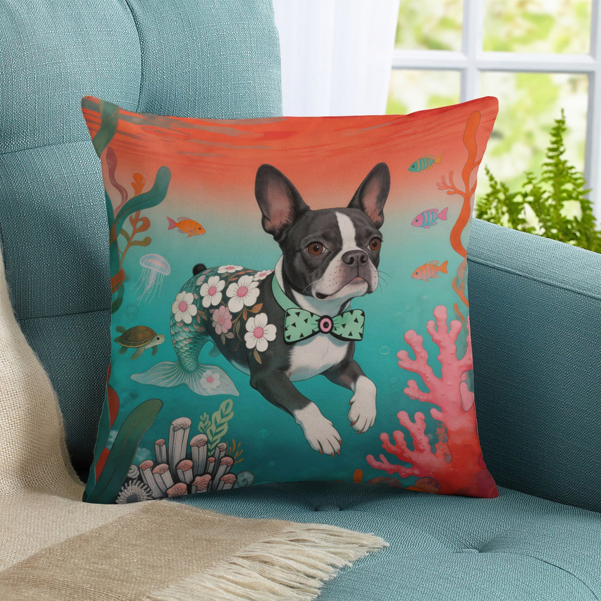 Blue Mermaid Pup boho velvet throw pillow cover 18x18 - original artist designed print by Black Butterfly Art (view 8)