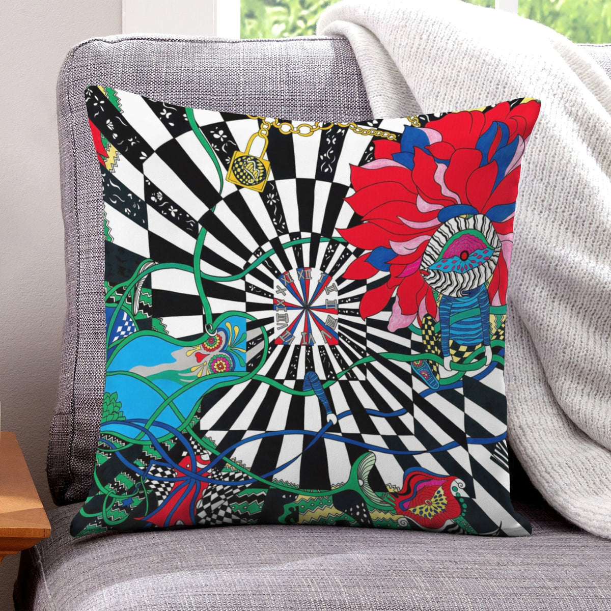 Blue Time Vortex boho velvet throw pillow cover 18x18 - original artist designed print by Black Butterfly Art (view 1)